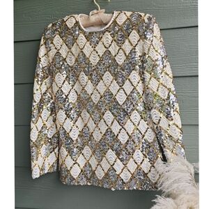 Vintage Gala Julie Francis Gold Silver Sequins Long Sleeve Top Blouse
